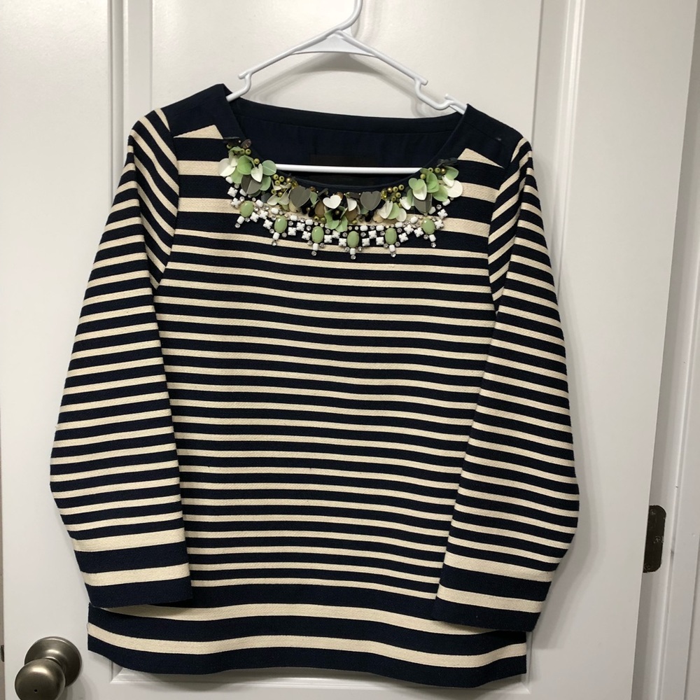 J. Crew Navy/Cream Striped Top w/ Decorative Neck